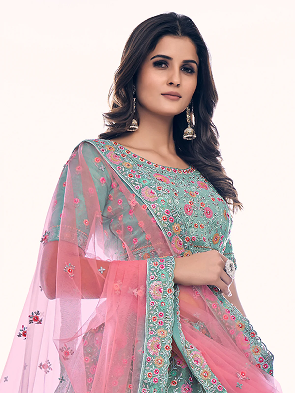 Odette Blue Embroidered Silk Blend Semi Stitched Lehenga With Blouse For Women - Image 5