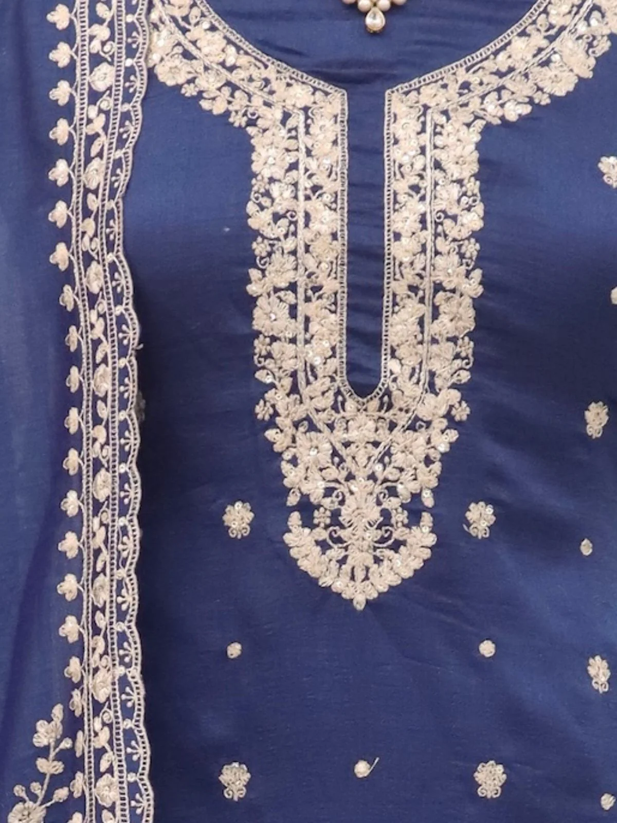 Odette Blue Embroidered Silk Semi Stitched Kurta Set For Women - Image 3