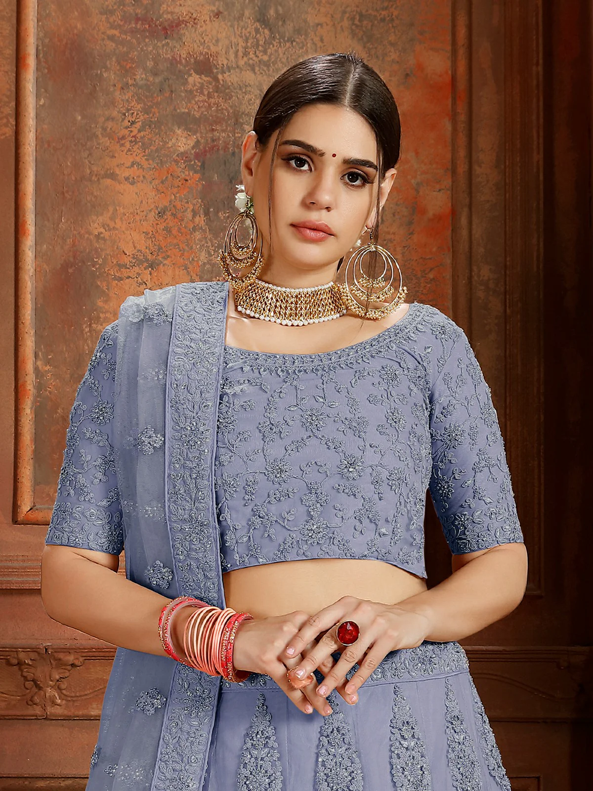 Odette Blue Embroidered Soft Net Semi Stitched Lehenga With Blouse For Women - Image 3