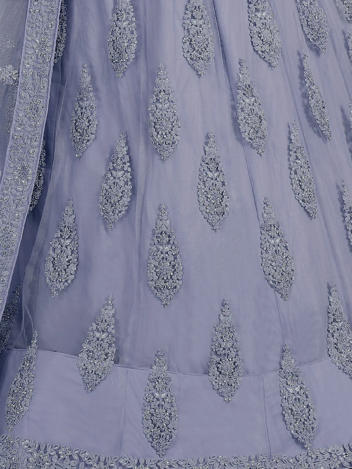 Odette Blue Embroidered Soft Net Semi Stitched Lehenga With Blouse For Women - Image 4