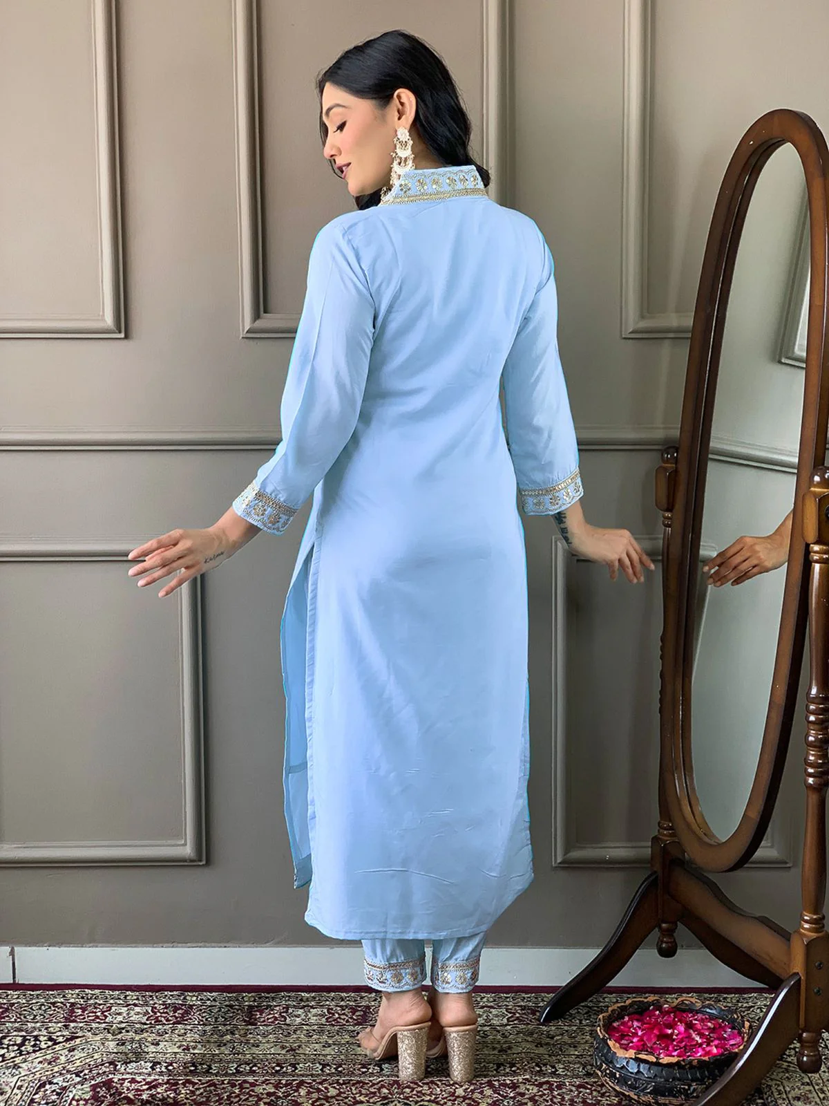Odette Mauve Embroidered Viscose Silk Stitched Kurta Salwar Set For Women - Image 5