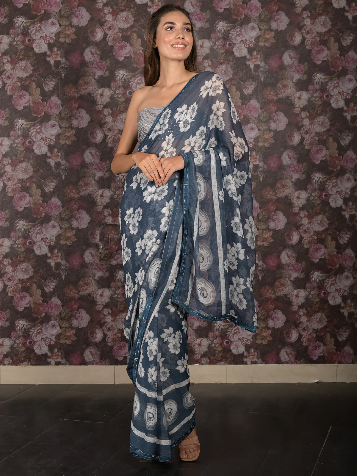 Odette Blue Floral Printed Chiffon Saree Without Blouse for Women - Image 2