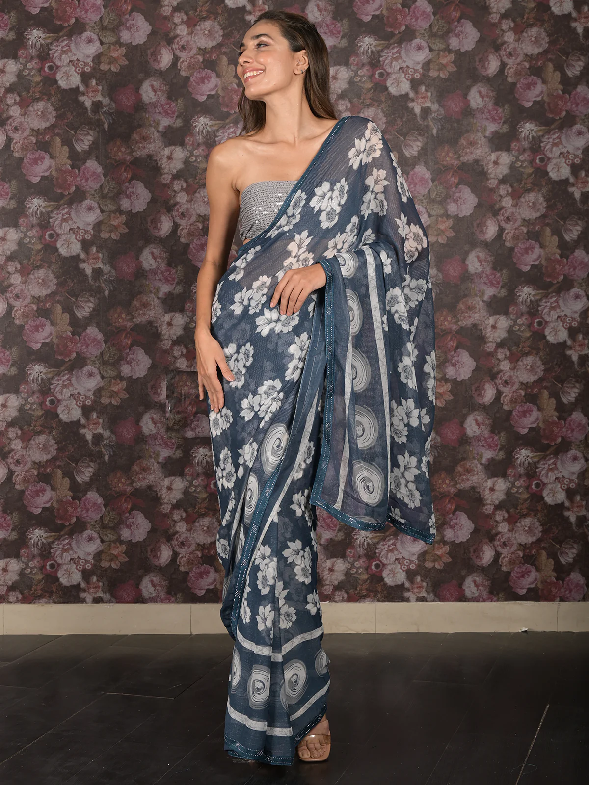 Odette Blue Floral Printed Chiffon Saree Without Blouse for Women - Image 3