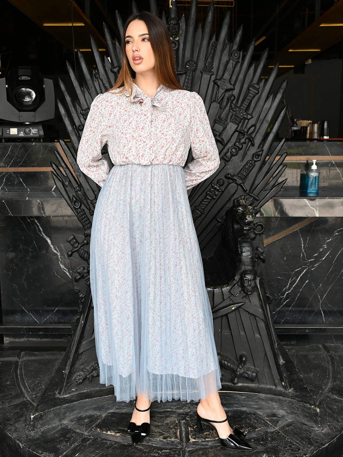 Odette Blue Georgette And Net Printed Dress For Women - Image 2