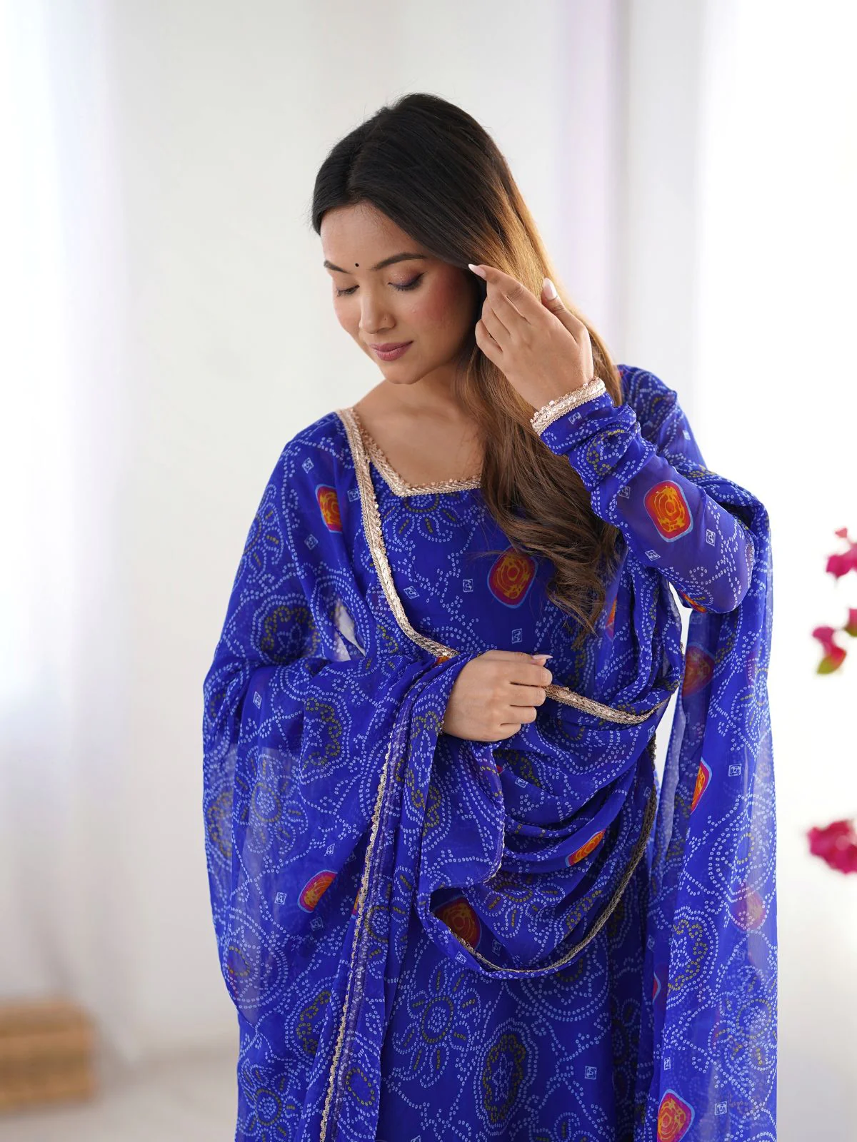 Odette Blue Georgette Bandhani Print Kurta Set For Women - Image 2