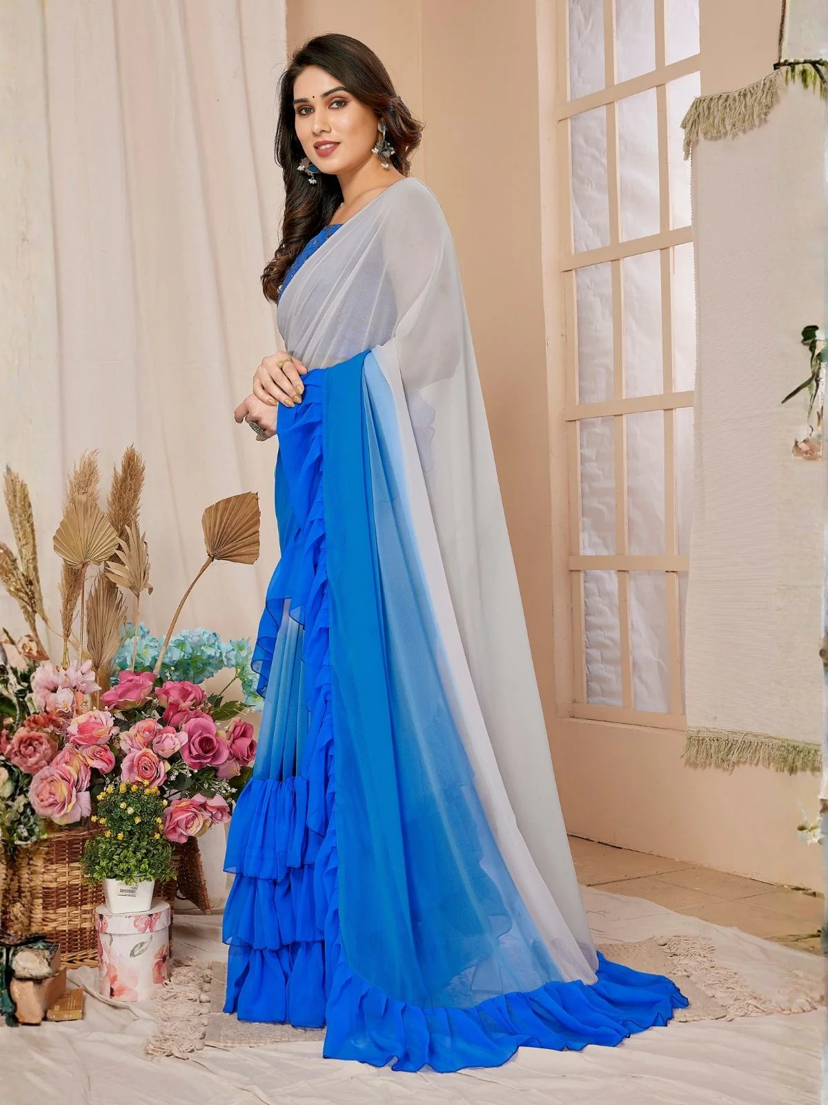 Odette Blue Georgette Embellished And Ruffle Saree For Women - Image 2