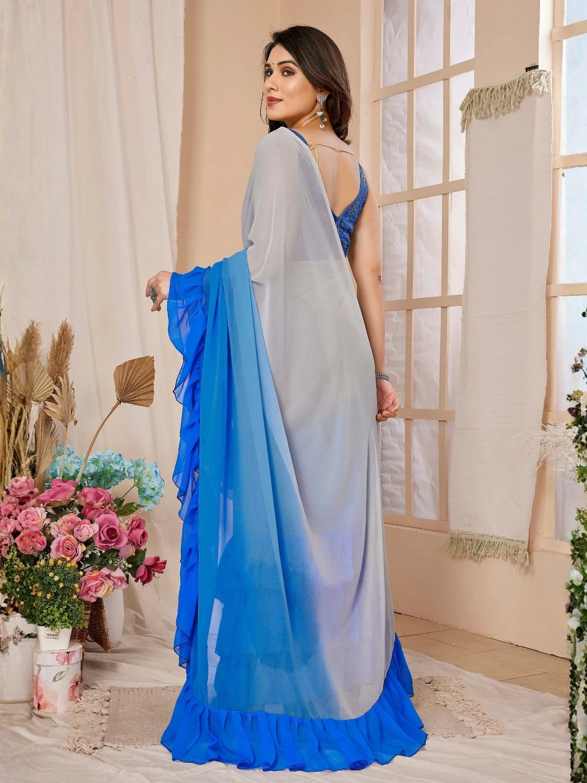 Odette Blue Georgette Embellished And Ruffle Saree For Women - Image 3