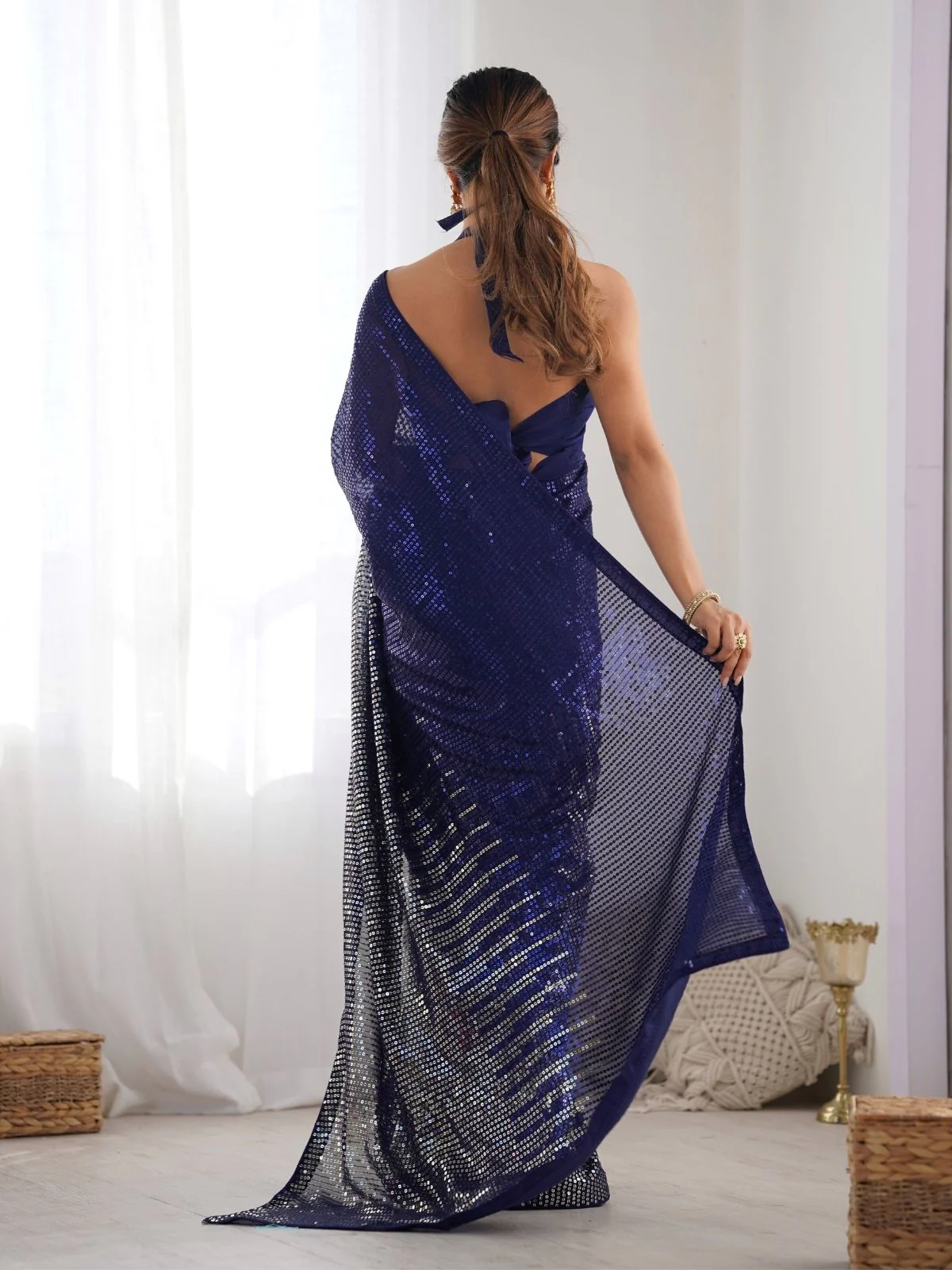 Odette Blue Georgette Embellished Saree With Unstitched Blouse For Women - Image 4