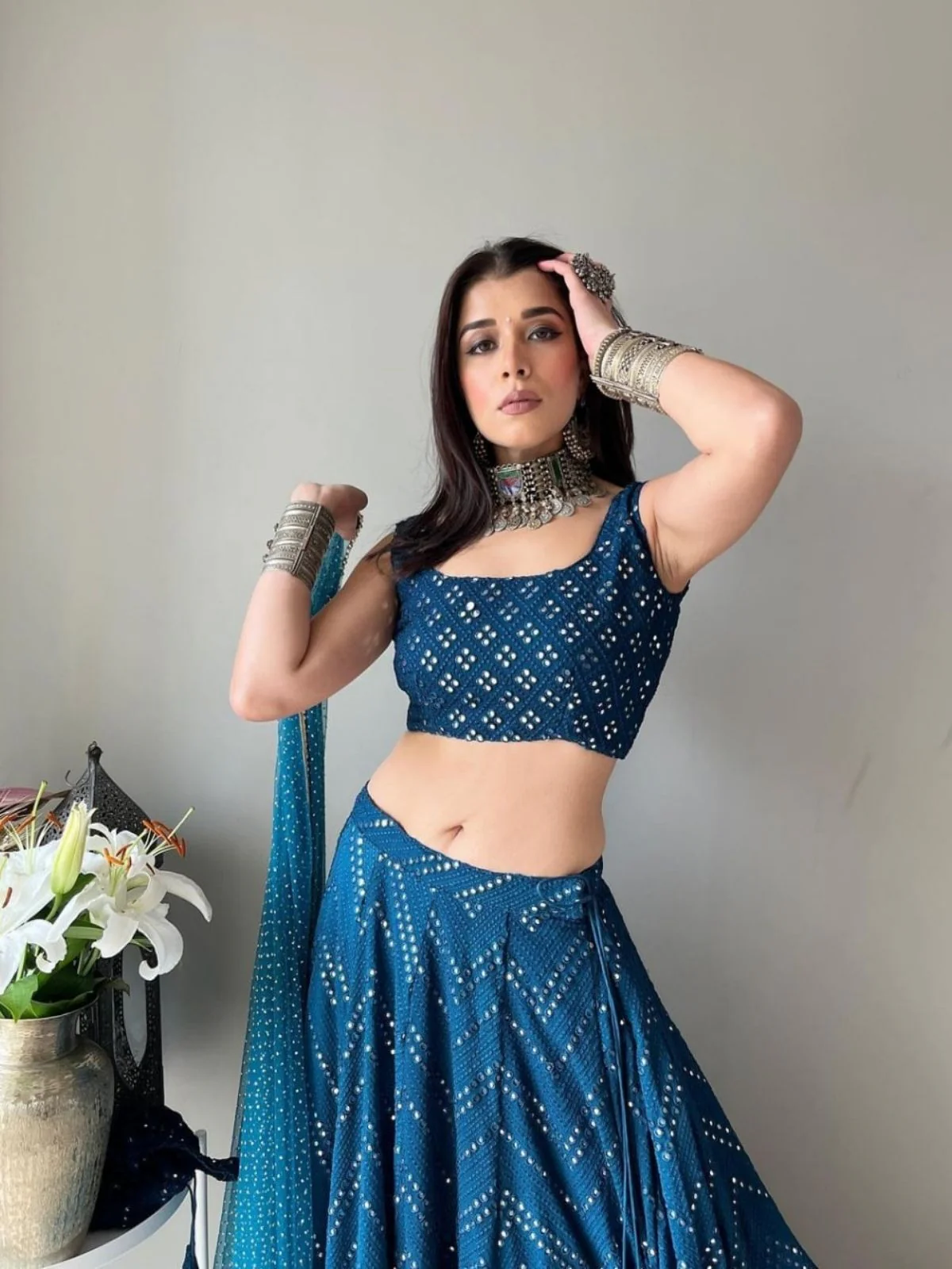 Odette Teal Blue Georgette Embellished Semi-Stitched Lehenga For Women - Image 3