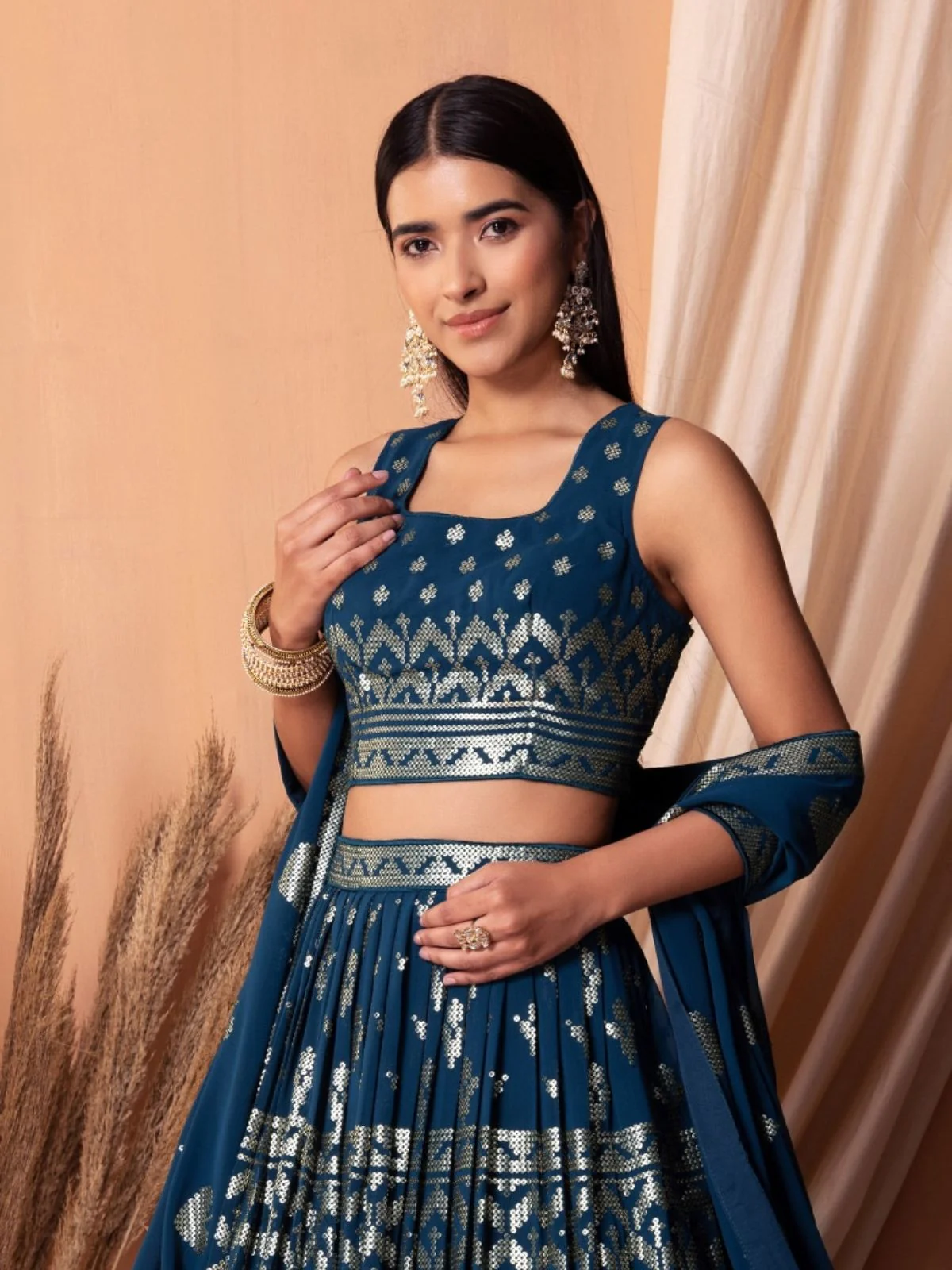 Odette Blue Georgette Embellished Semi-Stitched Lehenga For Women - Image 2