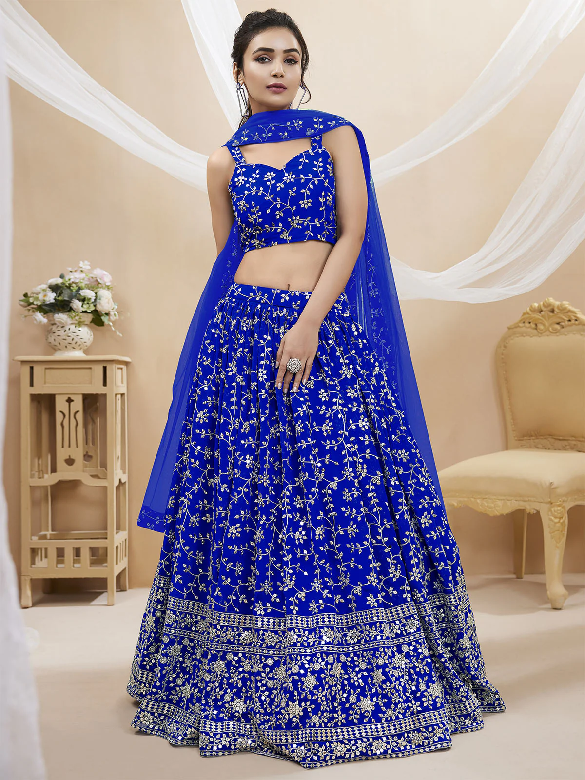 Odette Blue Georgette Embellished Semi Stitched Lehenga With Unstitched Blouse For Women - Image 2
