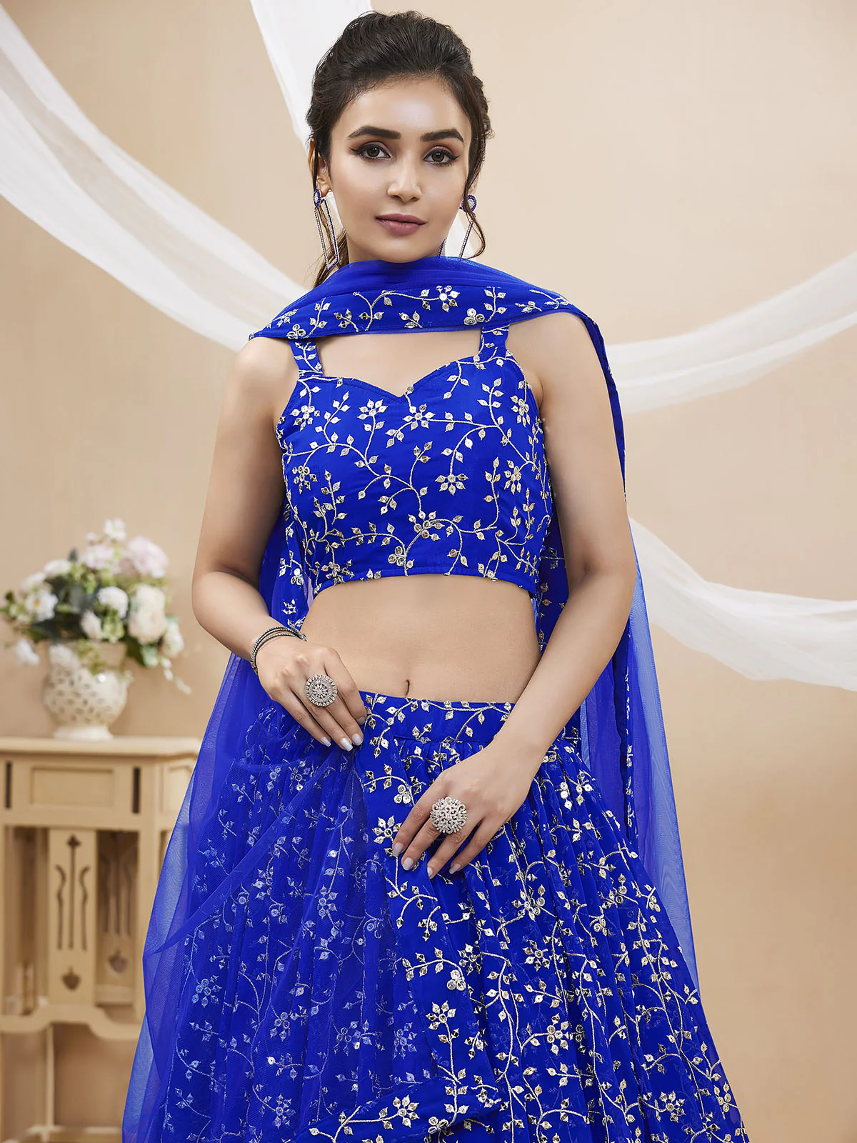 Odette Blue Georgette Embellished Semi Stitched Lehenga With Unstitched Blouse For Women - Image 4