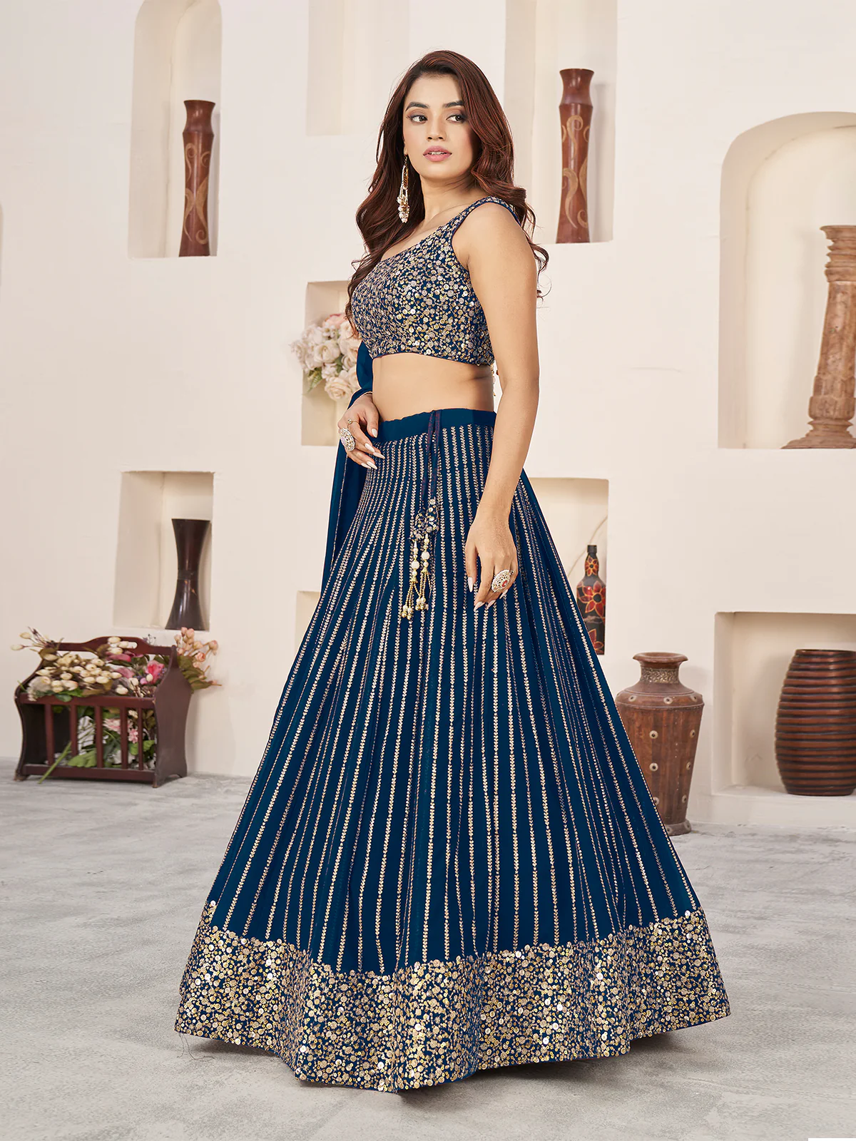 Odette Blue Georgette Embellished Semi Stitched Lehenga With Unstitched Blouse For Women - Image 2