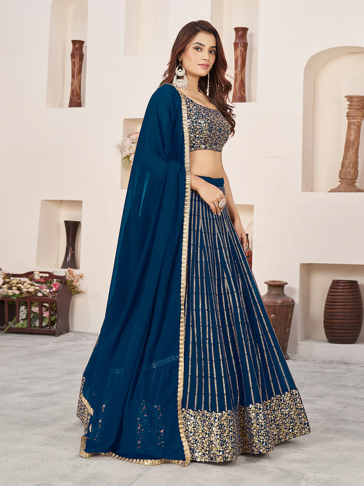 Odette Blue Georgette Embellished Semi Stitched Lehenga With Unstitched Blouse For Women - Image 3