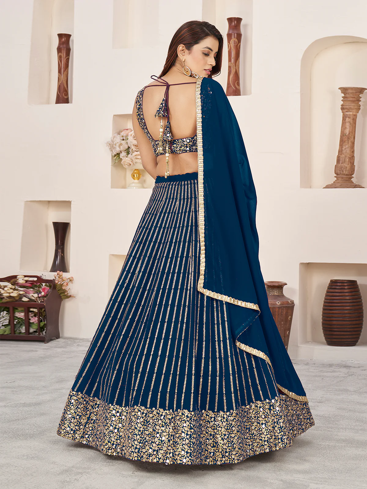 Odette Blue Georgette Embellished Semi Stitched Lehenga With Unstitched Blouse For Women - Image 4