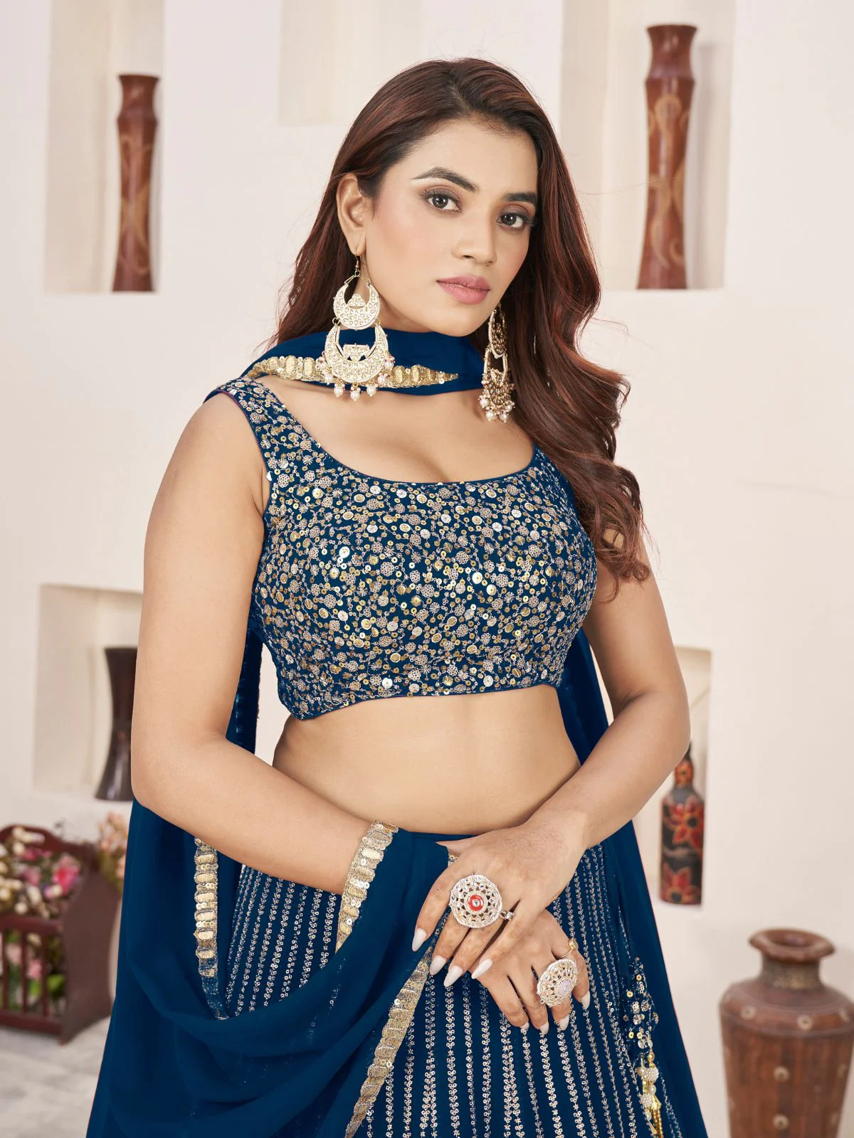 Odette Blue Georgette Embellished Semi Stitched Lehenga With Unstitched Blouse For Women - Image 5