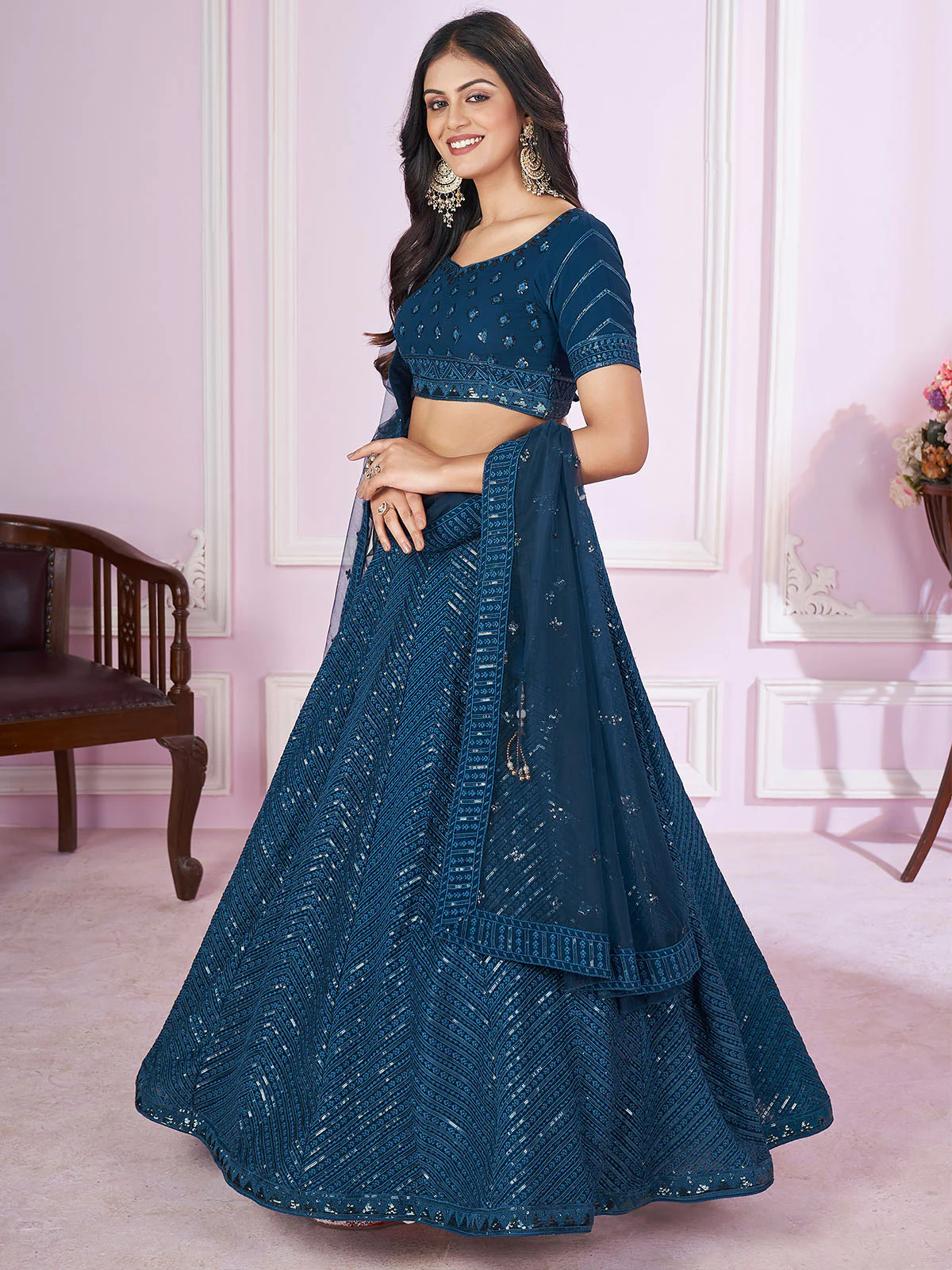 Odette Blue Georgette Embellished Semi Stitched Lehenga With Unstitched Blouse For Women - Image 2
