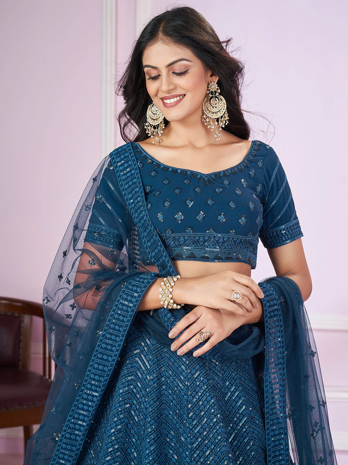 Odette Blue Georgette Embellished Semi Stitched Lehenga With Unstitched Blouse For Women - Image 4