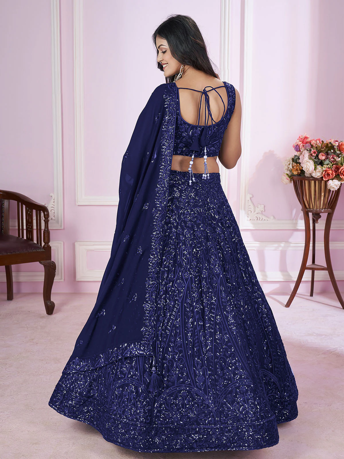 Odette Blue Georgette Embellished Semi Stitched Lehenga With Unstitched Blouse For Women - Image 3