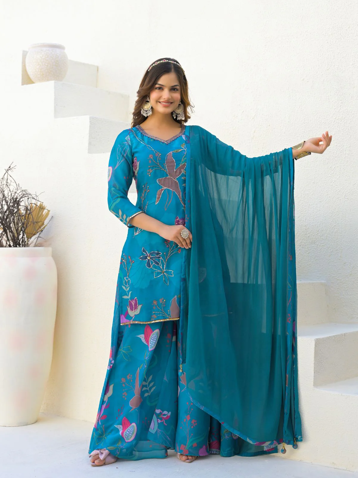 Odette Blue Georgette Embellished Stiched Kurta Set For Women