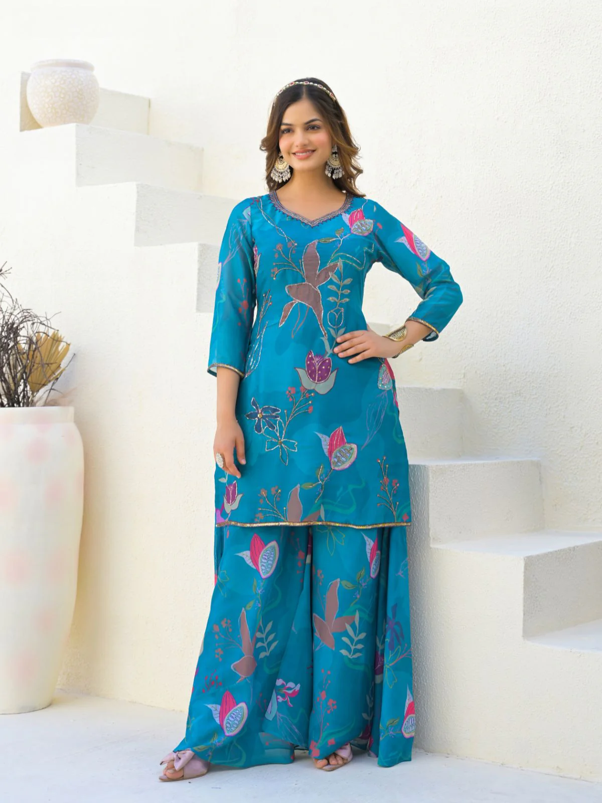 Odette Blue Georgette Embellished Stiched Kurta Set For Women - Image 2