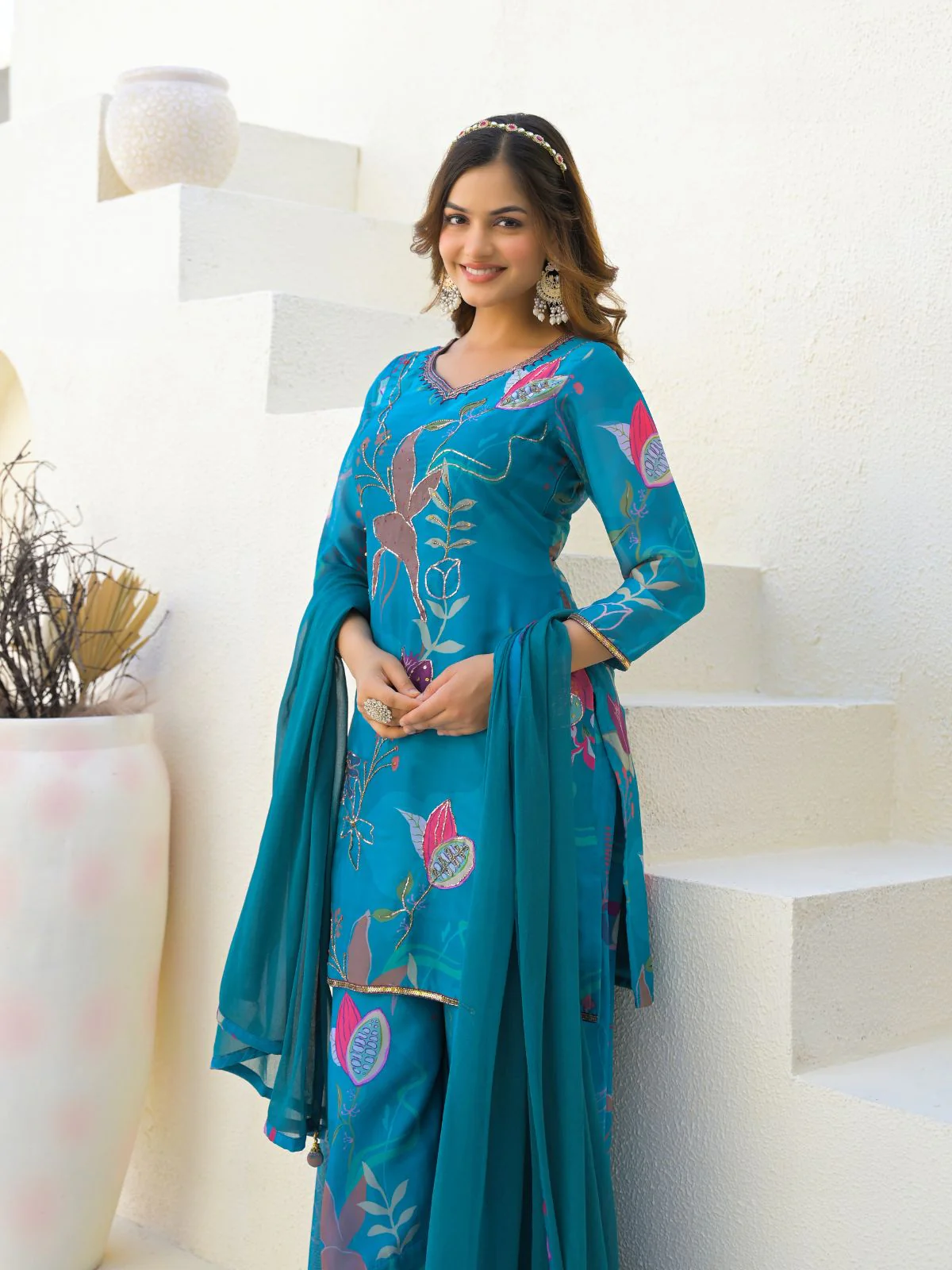 Odette Blue Georgette Embellished Stiched Kurta Set For Women - Image 3