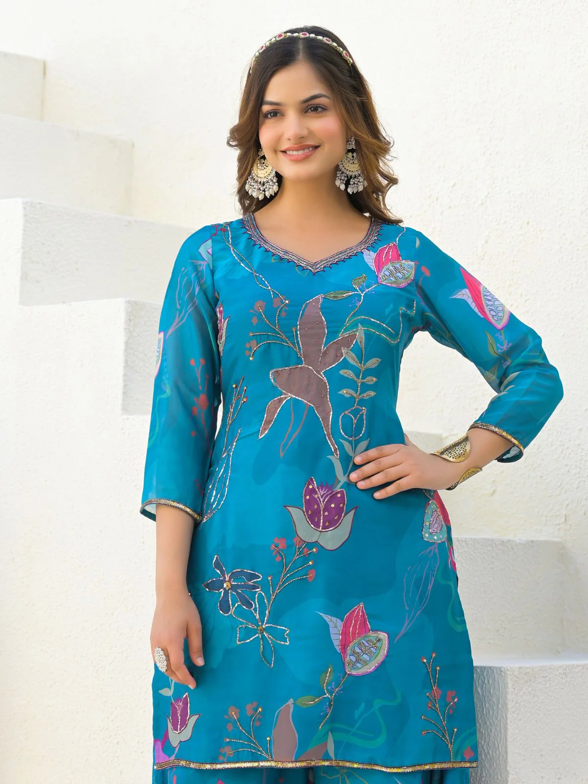 Odette Blue Georgette Embellished Stiched Kurta Set For Women - Image 5