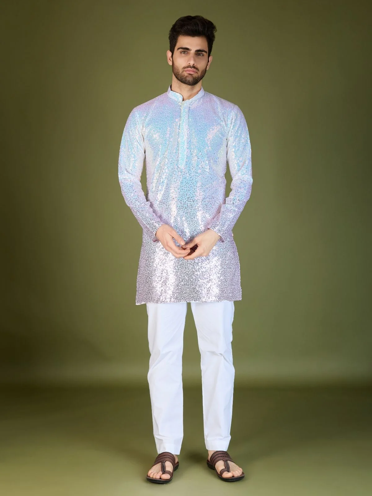 Odette Blue Georgette Embellished Stitched Kurta For Men