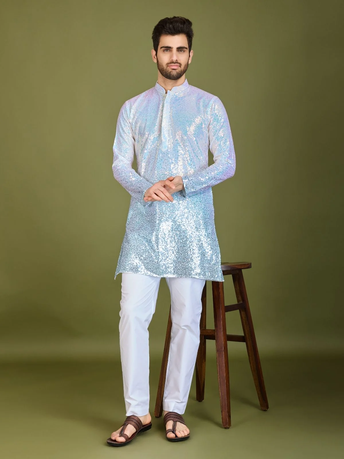 Odette Blue Georgette Embellished Stitched Kurta For Men - Image 3