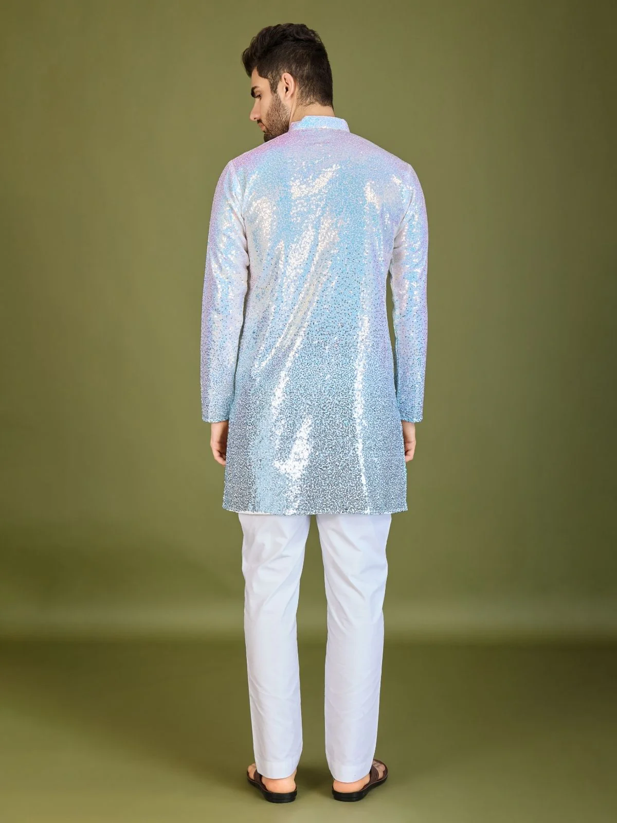 Odette Blue Georgette Embellished Stitched Kurta For Men - Image 4