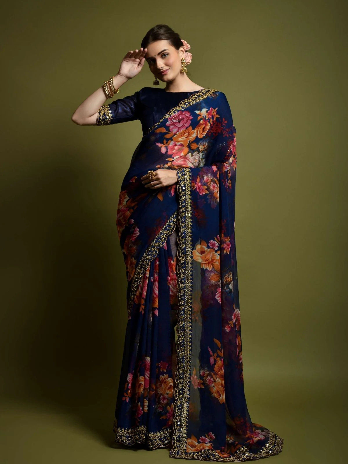 Odette Blue Georgette Embroidered Printed Saree For Women - Image 3