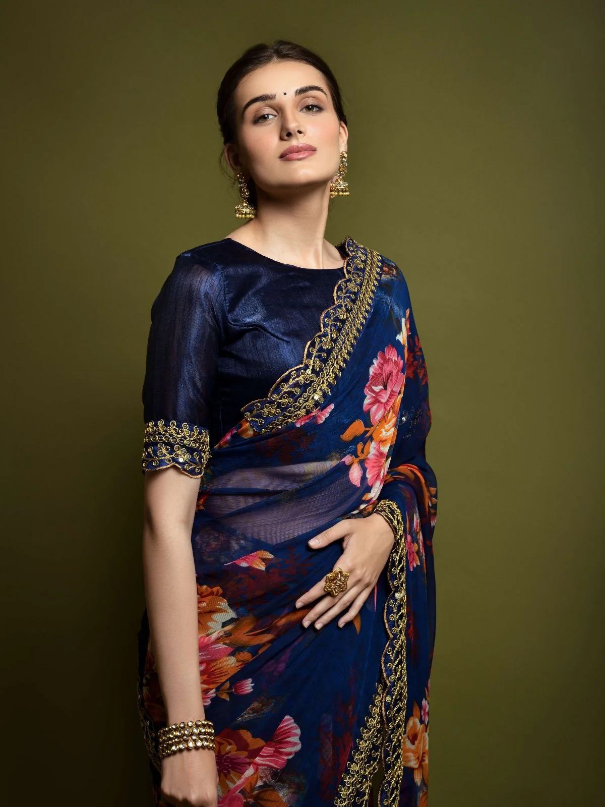 Odette Blue Georgette Embroidered Printed Saree For Women - Image 4