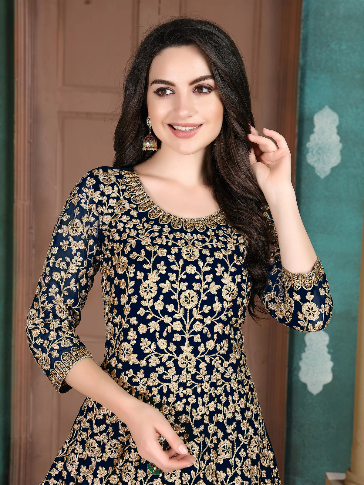Odette Blue Georgette Embroidered Semi stitched Kurta Set For Women - Image 2