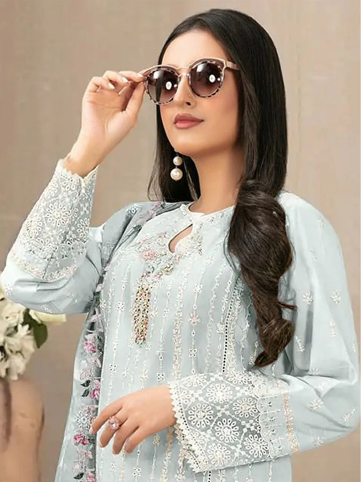 Odette Blue Georgette Embroidered Semi Stitched Kurta Set For Women - Image 2