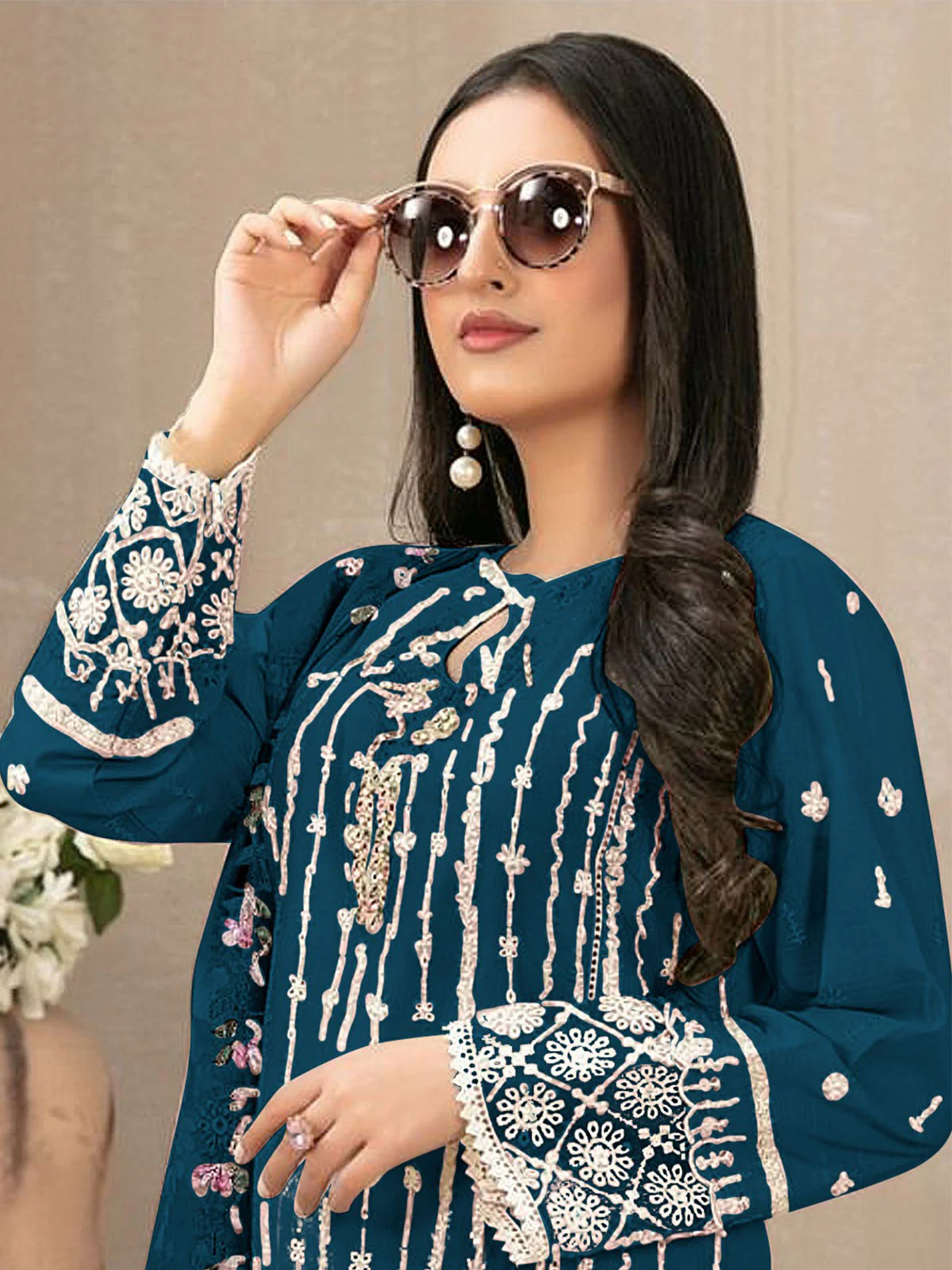 Odette Blue Georgette Embroidered Semi Stitched Kurta Set For Women - Image 2