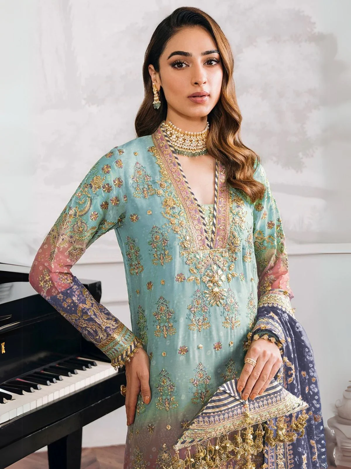 Odette Blue Georgette  Embroidered Semi-Stitched Kurta Set For Women - Image 2
