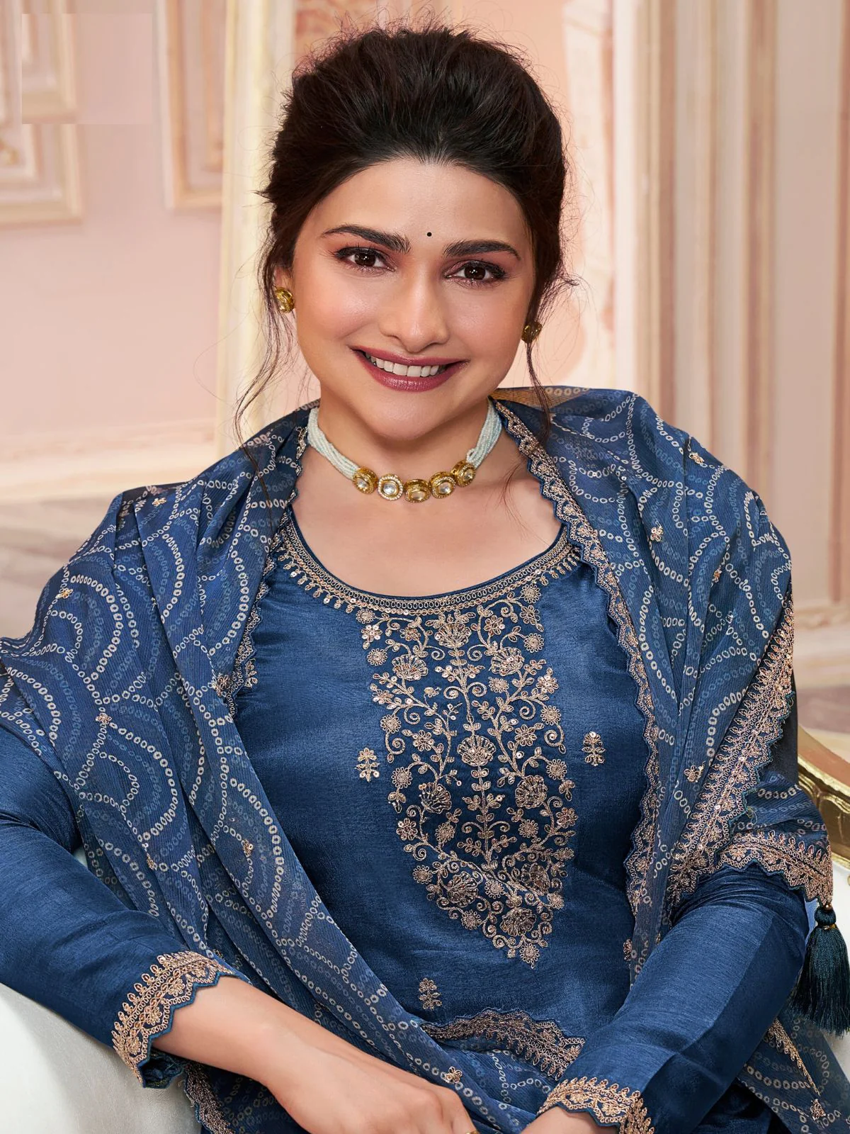 Odette Blue Georgette Embroidered Semi-Stitched Kurta Set For Women - Image 2