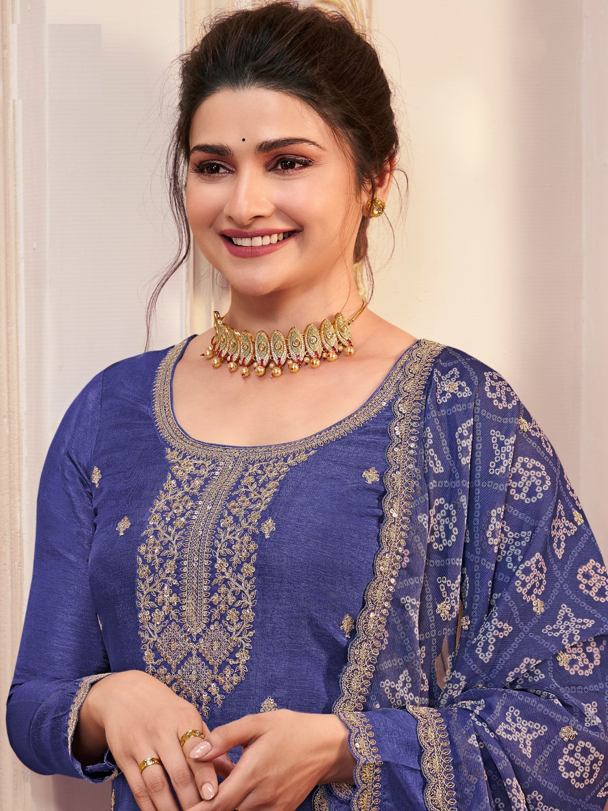 Odette Blue Georgette Embroidered Semi-Stitched Kurta Set For Women - Image 2
