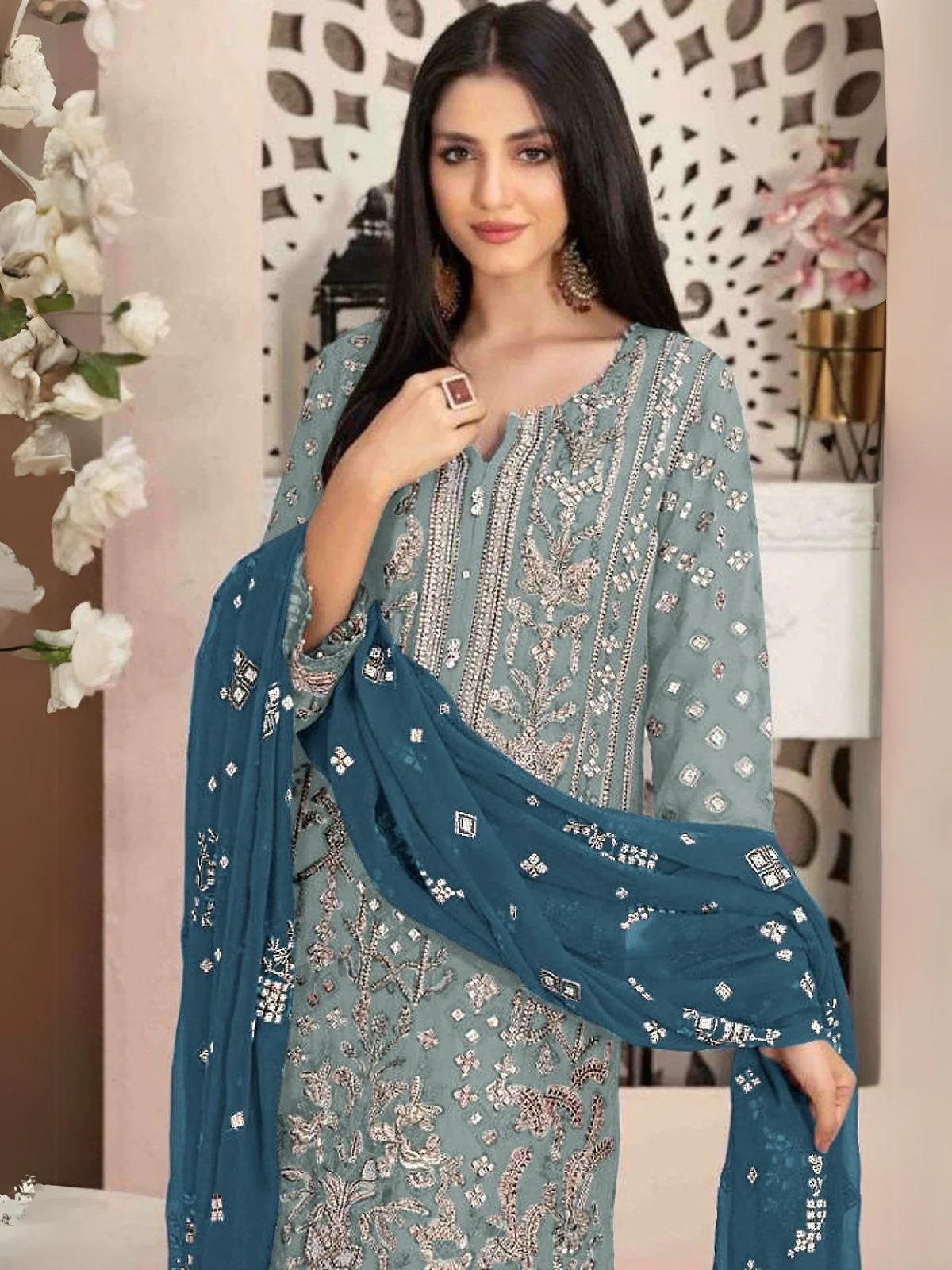 Odette Blue Georgette Embroidered Semi-Stitched Kurta Set For Women - Image 2