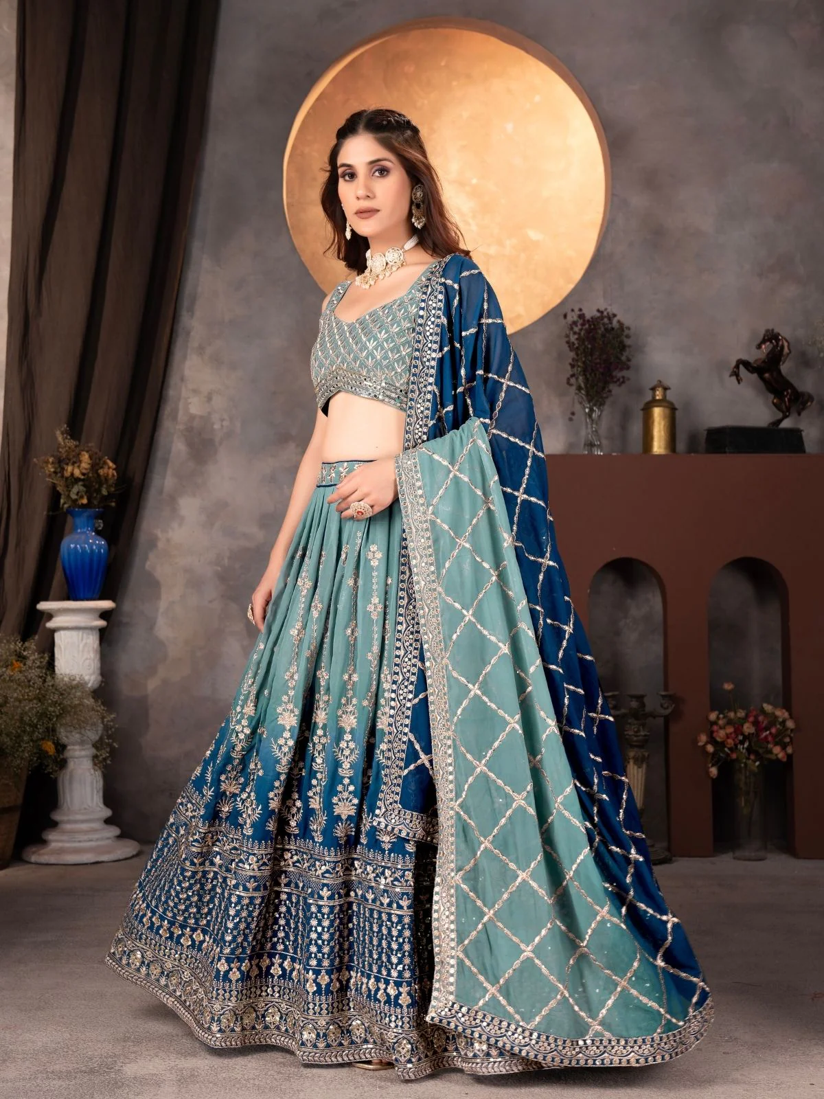 Odette Blue Georgette Embroidered Semi Stitched Lehenga For Women - Image 2