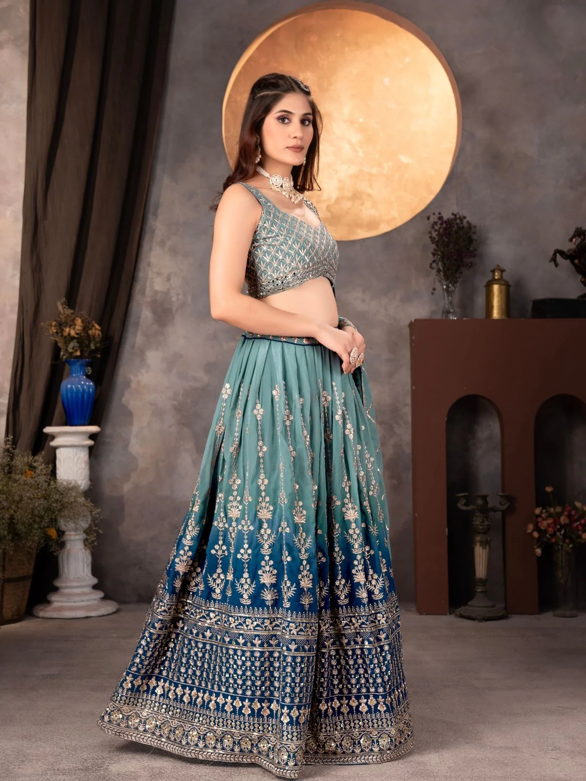 Odette Blue Georgette Embroidered Semi Stitched Lehenga For Women - Image 3