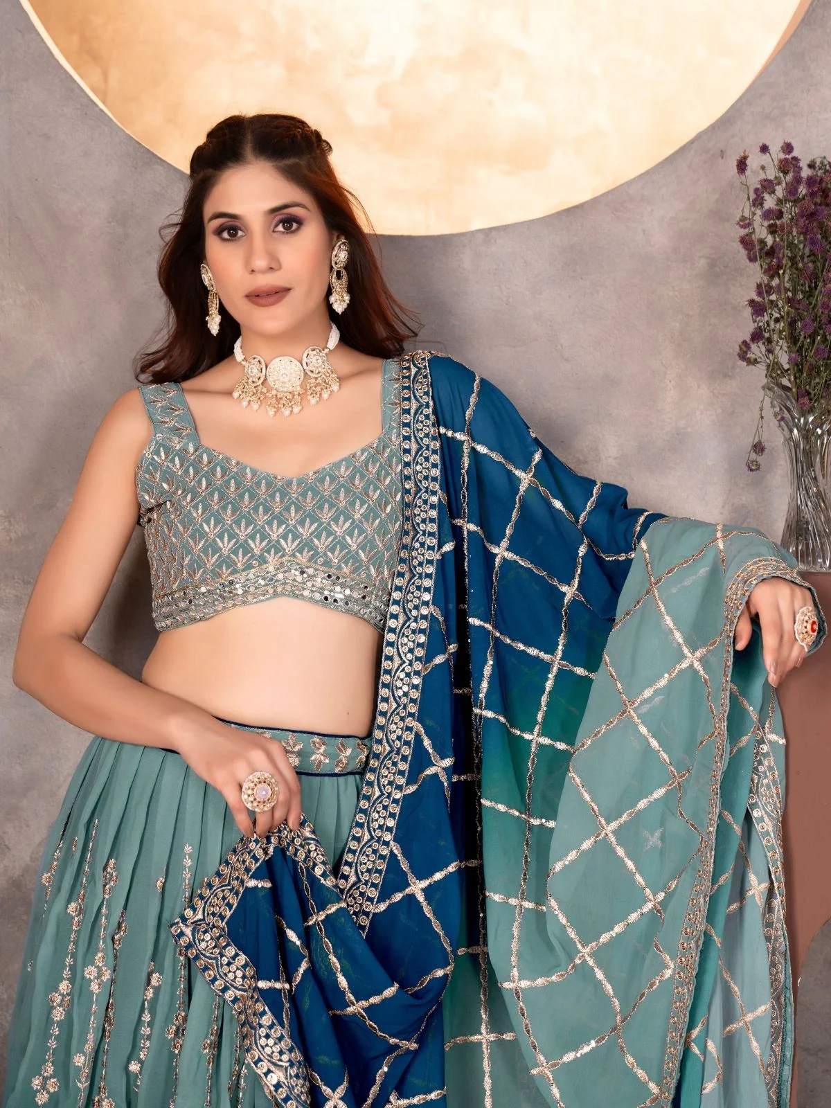 Odette Blue Georgette Embroidered Semi Stitched Lehenga For Women - Image 5