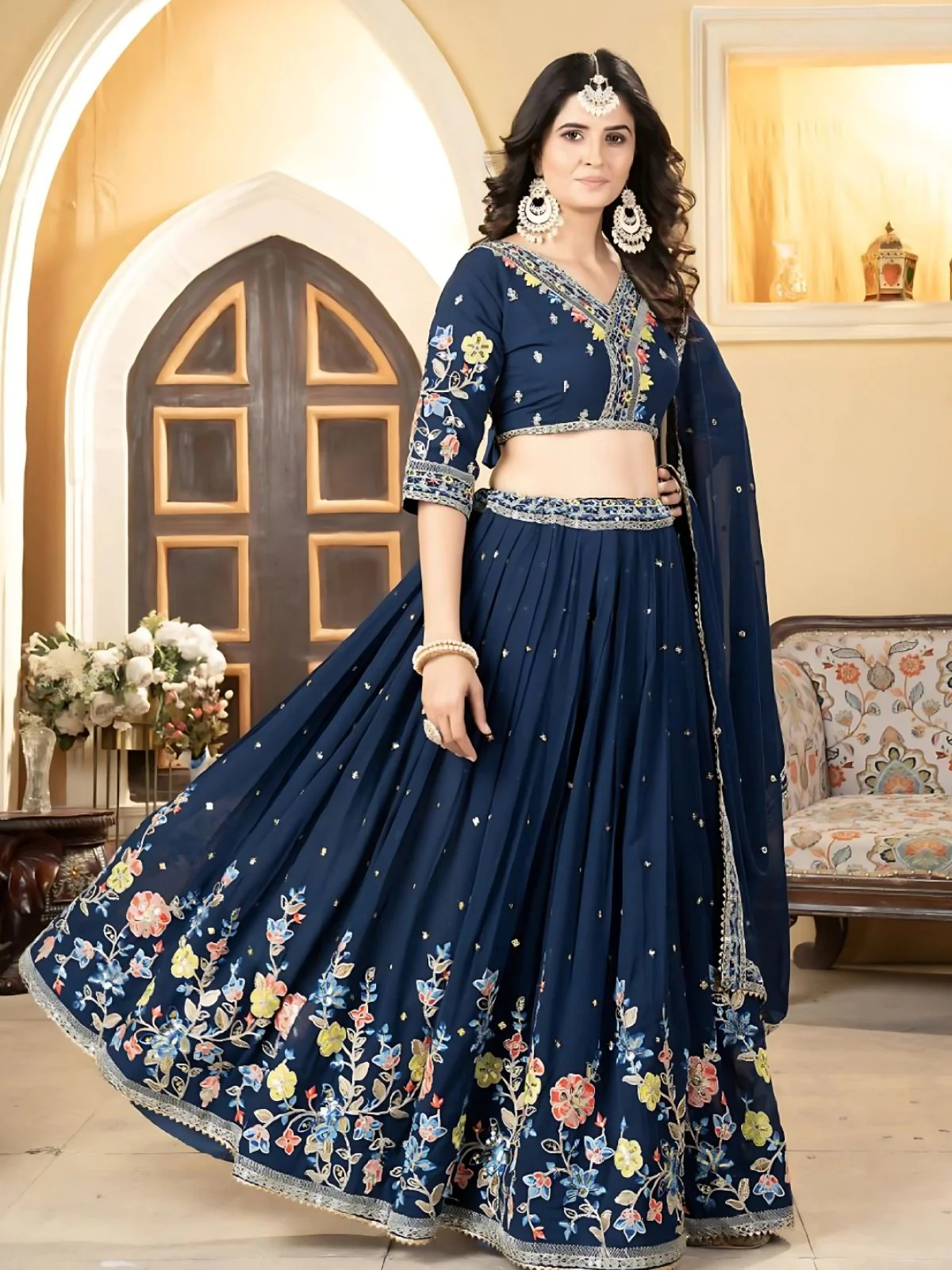Odette  Blue Georgette Embroidered Semi-Stitched Lehenga For Women - Image 4