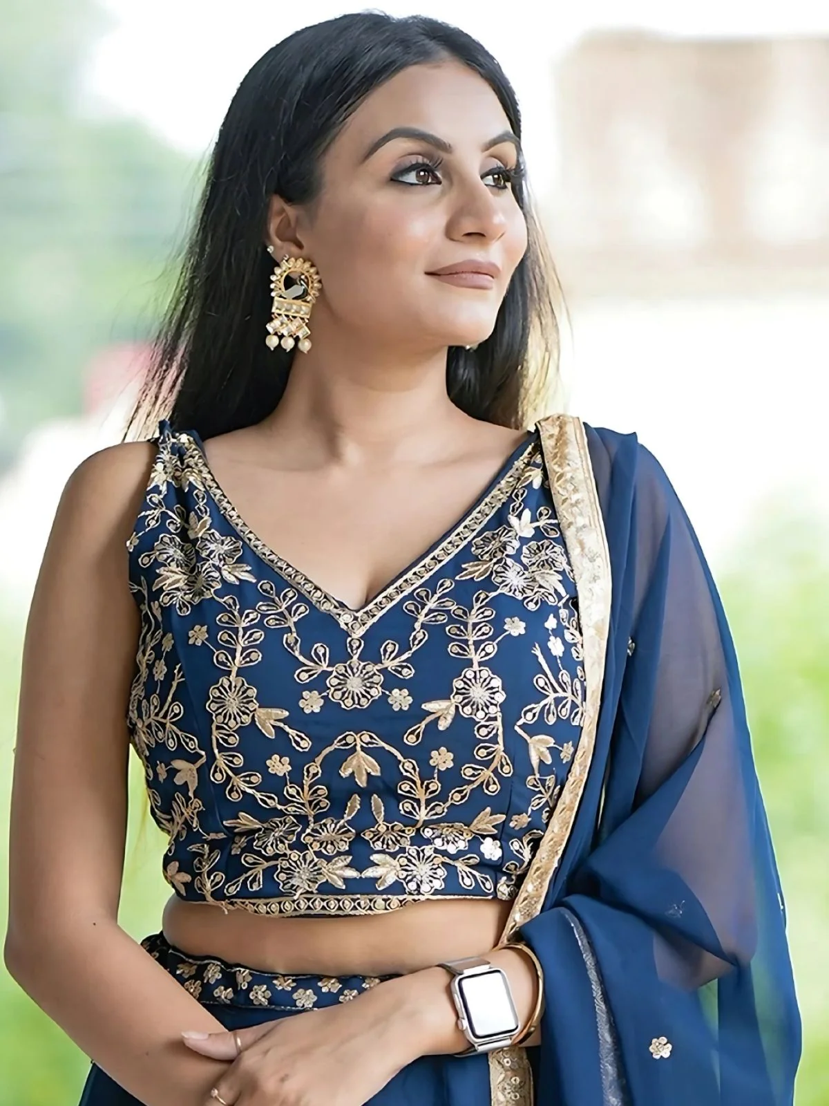 Odette Blue Georgette Embroidered Semi-Stitched lehenga For Women - Image 2