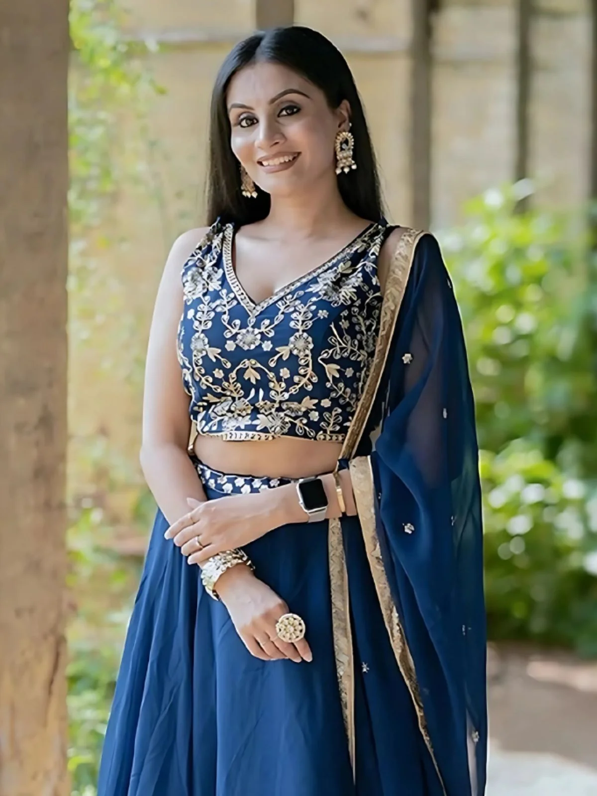 Odette Blue Georgette Embroidered Semi-Stitched lehenga For Women - Image 3