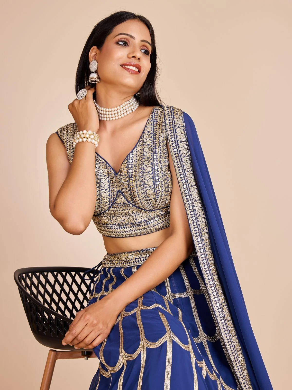 Odette Blue Georgette Embroidered Semi-Stitched Lehenga For Women - Image 4