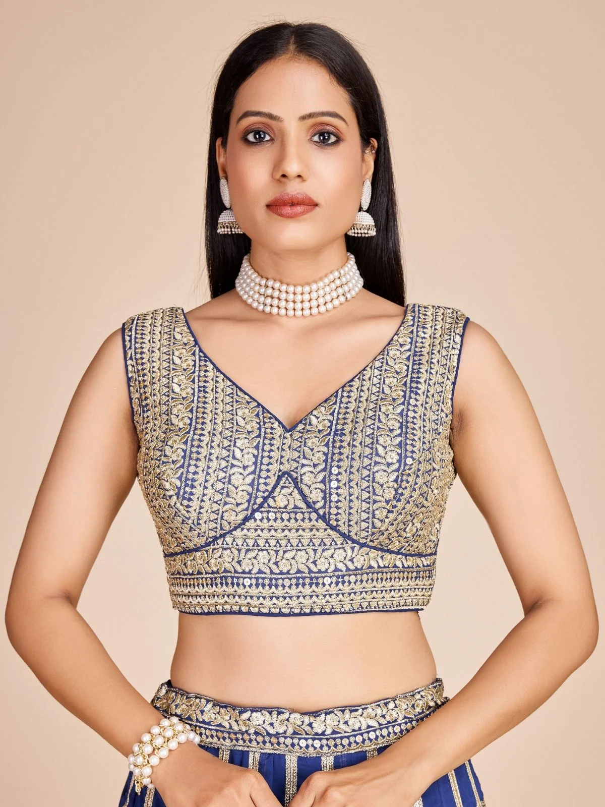 Odette Blue Georgette Embroidered Semi-Stitched Lehenga For Women - Image 7
