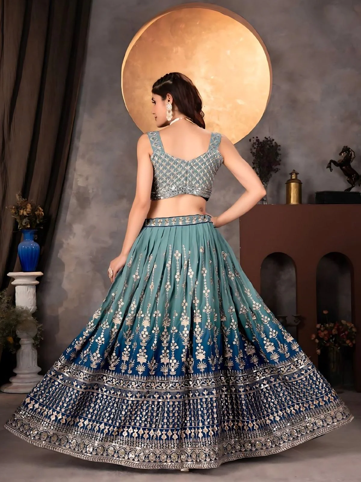Odette Blue Georgette Embroidered Semi-Stitched Lehenga For Women - Image 2