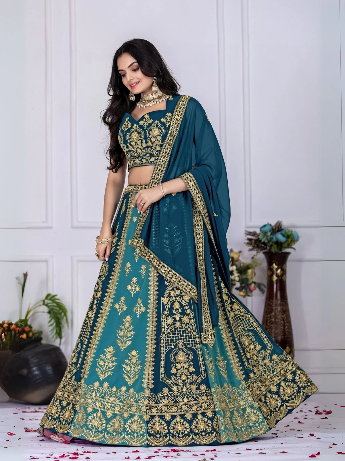 Odette Blue And Teal Georgette Embroidered Semi-Stitched lehenga For Women - Image 2