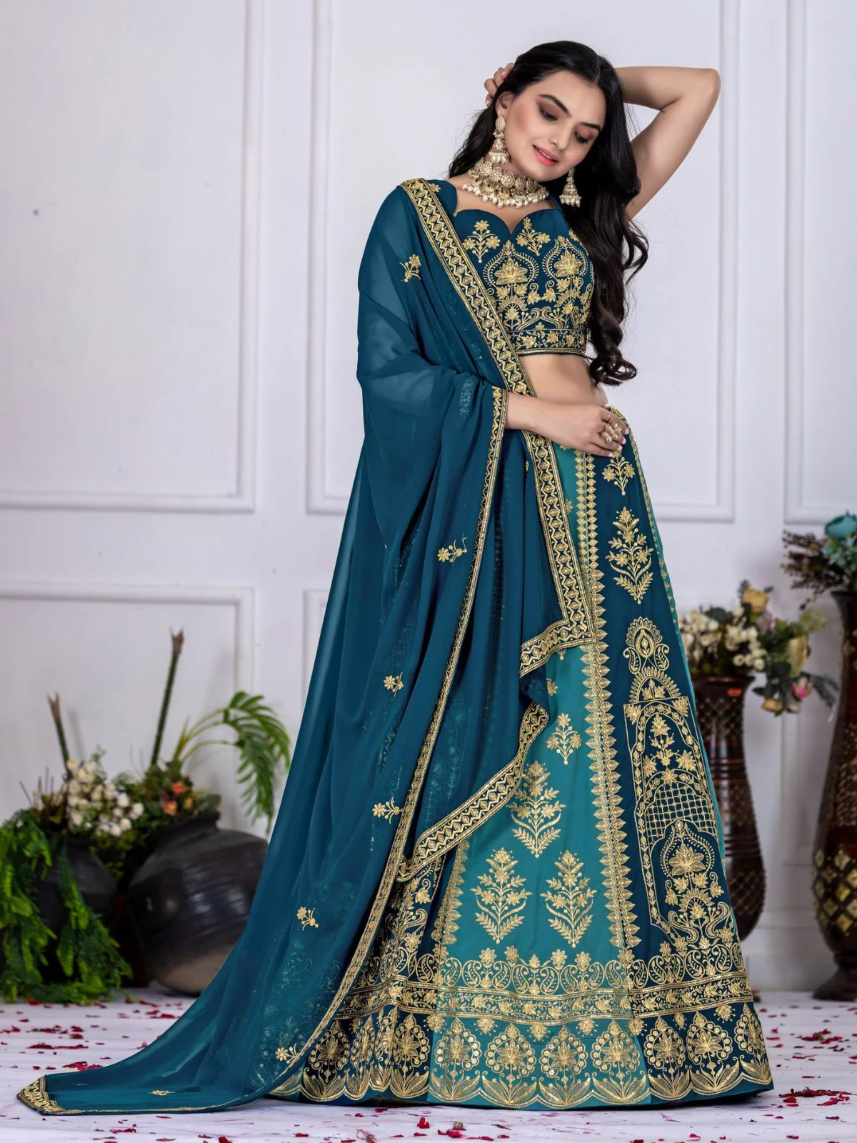 Odette Blue And Teal Georgette Embroidered Semi-Stitched lehenga For Women - Image 3